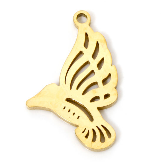 Picture of 2 PCs Vacuum Plating 304 Stainless Steel Cut Out Charms 18K Gold Plated Hummingbird Double-sided Polishing 20mm x 13mm