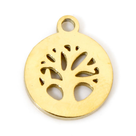 Picture of 2 PCs Vacuum Plating 304 Stainless Steel Cut Out Charms 18K Gold Plated Round Tree of Life Double-sided Polishing 12mm x 10mm