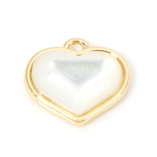 Picture of 1 Piece Eco-friendly Natural Shell & Brass Valentine's Day Charms 18K Real Gold Plated Heart 9mm x 8mm