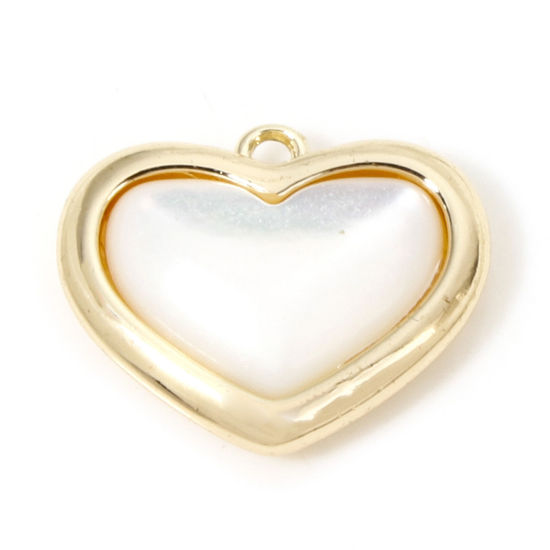 Picture of 1 Piece Eco-friendly Natural Shell & Brass Valentine's Day Charms 18K Real Gold Plated Heart 15mm x 12mm