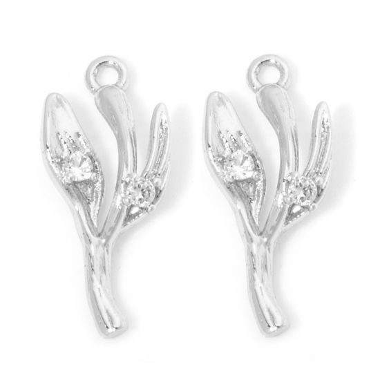 Image de 1 Pièce Breloques en Laiton Respectueux de la Nature Branches Plaqué Platine Véritable à Zircone Cubique Clair 21mm x 9mm