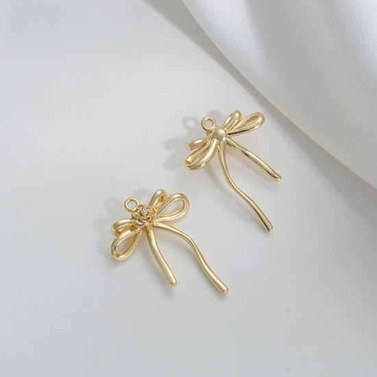 Immagine di 1 Pz Ecologico Ottone Abiti Ciondoli Cravatta a Farfalla 14k Vero Oro Placcato Trasparente Cubic Zirconiae 25mm x 18mm