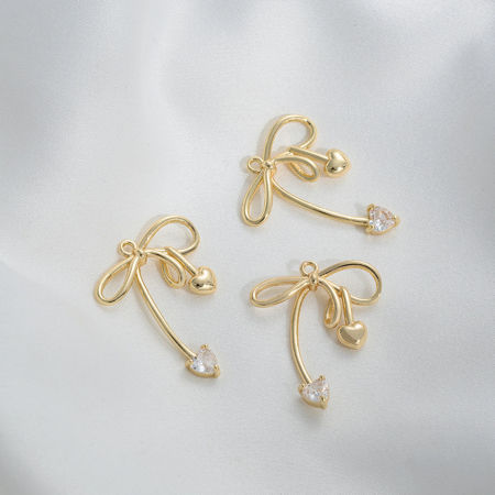 Picture of 1 Piece Eco-friendly Brass Clothes Charms 14K Real Gold Plated Bowknot Clear Cubic Zirconia 25mm x 20mm