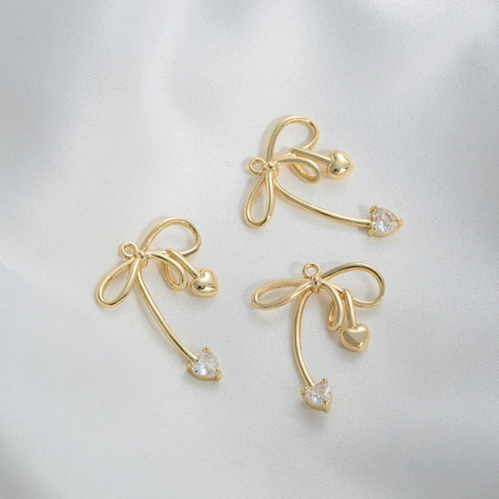Immagine di 1 Pz Ecologico Ottone Abiti Ciondoli Cravatta a Farfalla 14k Vero Oro Placcato Trasparente Cubic Zirconiae 25mm x 20mm