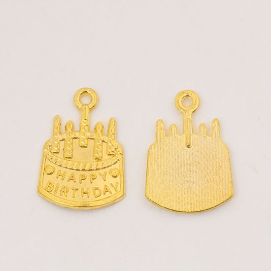 Bild von 50 Stück Zinklegierung Charms Vergoldet Kuchen Kerze Message " HAPPY BIRTHDAY " 22mm x 15mm
