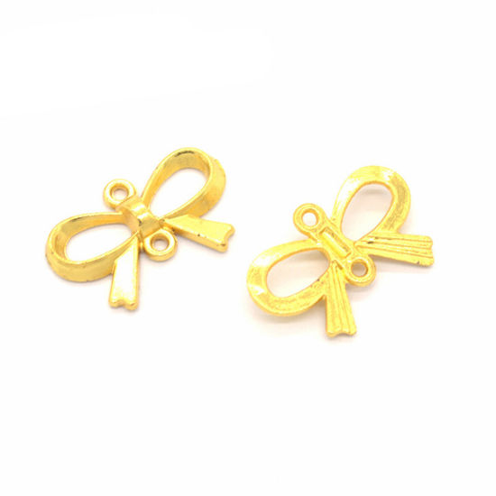 Picture of 50 PCs Zinc Based Alloy Clothes Connectors Charms Pendants Gold Plated Bowknot Hollow 22mm x 15mm