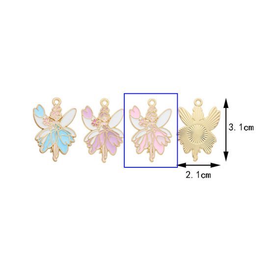 10 PCs Zinc Based Alloy Charms Gold Plated Pink Fairy Wing Enamel 3.1cm x 2.1cm の画像