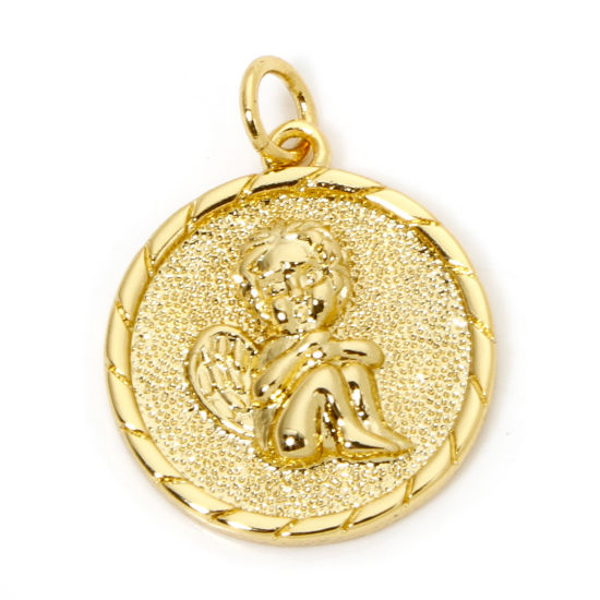 Picture of 1 Piece Eco-friendly Brass Religious Disc Charms 18K Real Gold Plated Round Angel 23mm x 17mm