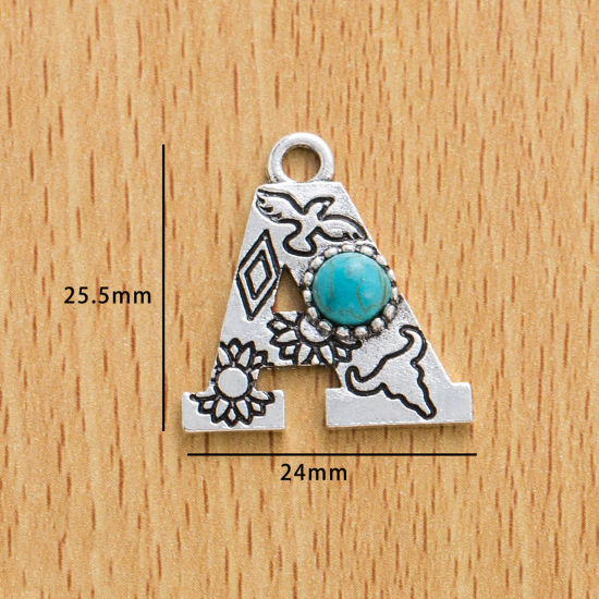 Picture of 10 PCs Zinc Based Alloy Boho Chic Bohemia Charms Antique Silver Color Capital Alphabet/ Letter Message " A " With Resin Cabochons Imitation Turquoise 25.5mm x 24mm