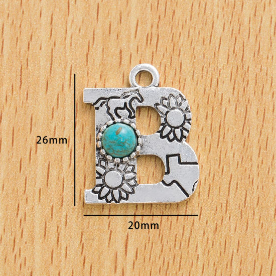 Picture of 10 PCs Zinc Based Alloy Boho Chic Bohemia Charms Antique Silver Color Capital Alphabet/ Letter Message " B " With Resin Cabochons Imitation Turquoise 26mm x 20mm