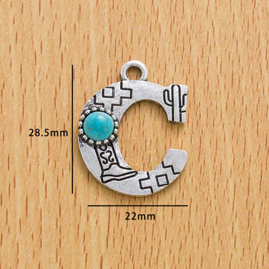 Picture of 10 PCs Zinc Based Alloy Boho Chic Bohemia Charms Antique Silver Color Capital Alphabet/ Letter Message " C " With Resin Cabochons Imitation Turquoise 28.5mm x 22mm