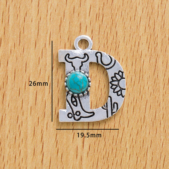 Picture of 10 PCs Zinc Based Alloy Boho Chic Bohemia Charms Antique Silver Color Capital Alphabet/ Letter Message " D " With Resin Cabochons Imitation Turquoise 26mm x 19.5mm