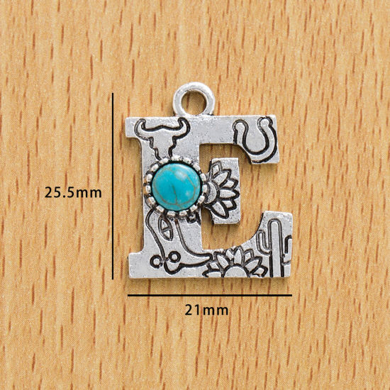 Picture of 10 PCs Zinc Based Alloy Boho Chic Bohemia Charms Antique Silver Color Capital Alphabet/ Letter Message " E " With Resin Cabochons Imitation Turquoise 25.5mm x 21mm