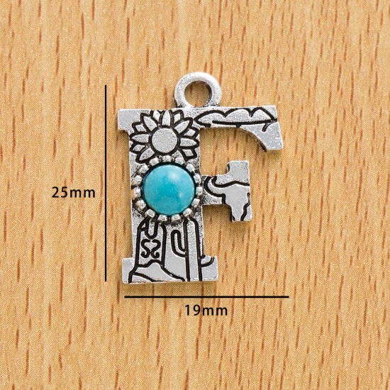 Picture of 10 PCs Zinc Based Alloy Boho Chic Bohemia Charms Antique Silver Color Capital Alphabet/ Letter Message " F " With Resin Cabochons Imitation Turquoise 25mm x 19mm