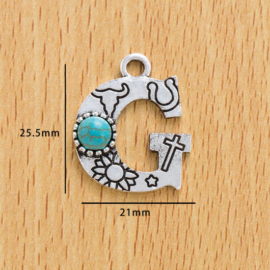 Picture of 10 PCs Zinc Based Alloy Boho Chic Bohemia Charms Antique Silver Color Capital Alphabet/ Letter Message " G " With Resin Cabochons Imitation Turquoise 25.5mm x 21mm