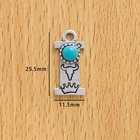 Picture of 10 PCs Zinc Based Alloy Boho Chic Bohemia Charms Antique Silver Color Capital Alphabet/ Letter Message " I " With Resin Cabochons Imitation Turquoise 25.5mm x 11.5mm