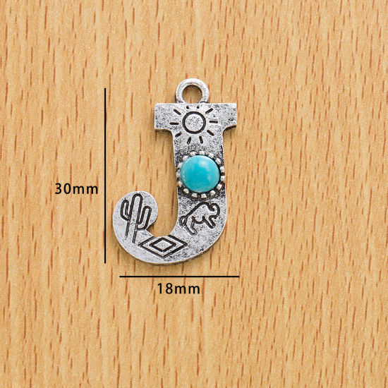 Picture of 10 PCs Zinc Based Alloy Boho Chic Bohemia Charms Antique Silver Color Capital Alphabet/ Letter Message " J " With Resin Cabochons Imitation Turquoise 3cm x 1.8cm