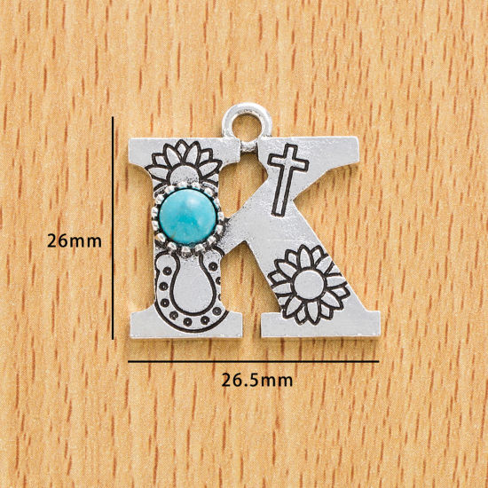 Picture of 10 PCs Zinc Based Alloy Boho Chic Bohemia Charms Antique Silver Color Capital Alphabet/ Letter Message " K " With Resin Cabochons Imitation Turquoise 26.5mm x 26mm