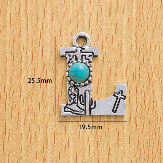 Picture of 10 PCs Zinc Based Alloy Boho Chic Bohemia Charms Antique Silver Color Capital Alphabet/ Letter Message " L " With Resin Cabochons Imitation Turquoise 25.5mm x 19.5mm