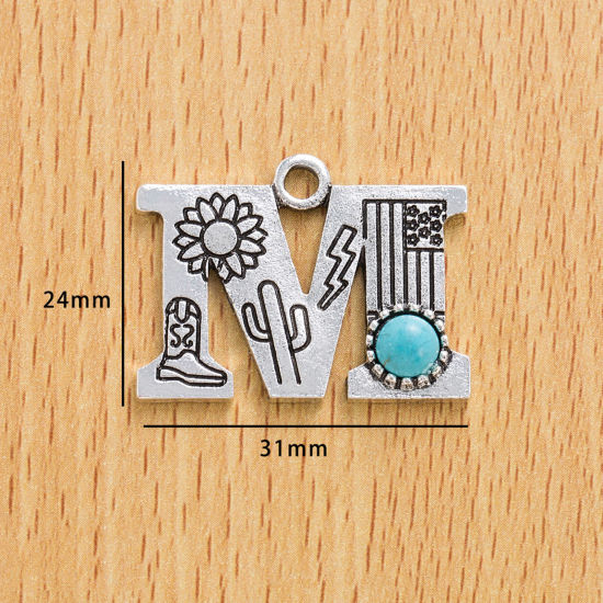 Picture of 10 PCs Zinc Based Alloy Boho Chic Bohemia Charms Antique Silver Color Capital Alphabet/ Letter Message " M " With Resin Cabochons Imitation Turquoise 3.1cm x 2.4cm