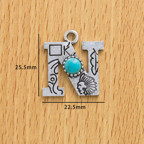 Picture of 10 PCs Zinc Based Alloy Boho Chic Bohemia Charms Antique Silver Color Capital Alphabet/ Letter Message " N " With Resin Cabochons Imitation Turquoise 25.5mm x 22.5mm