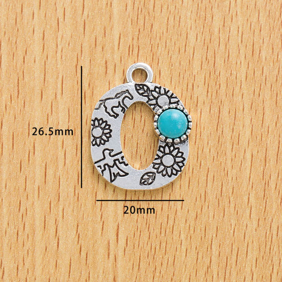 Picture of 10 PCs Zinc Based Alloy Boho Chic Bohemia Charms Antique Silver Color Capital Alphabet/ Letter Message " O " With Resin Cabochons Imitation Turquoise 26.5mm x 20mm