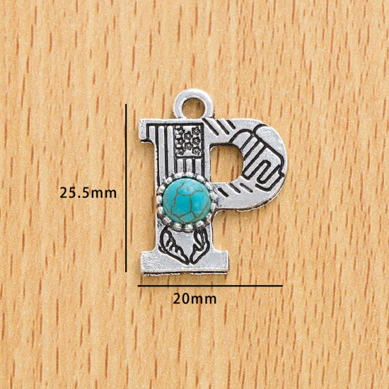 Picture of 10 PCs Zinc Based Alloy Boho Chic Bohemia Charms Antique Silver Color Capital Alphabet/ Letter Message " P " With Resin Cabochons Imitation Turquoise 25.5mm x 20mm