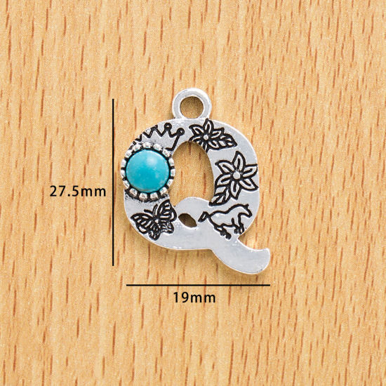 Picture of 10 PCs Zinc Based Alloy Boho Chic Bohemia Charms Antique Silver Color Capital Alphabet/ Letter Message " Q " With Resin Cabochons Imitation Turquoise 25.5mm x 19mm