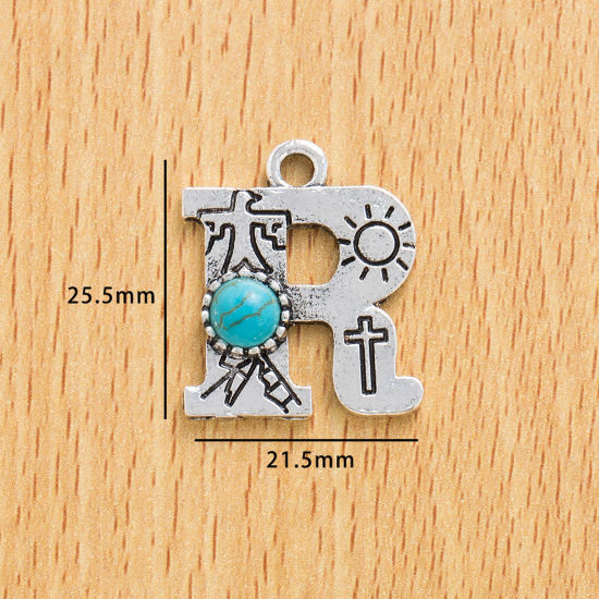 Picture of 10 PCs Zinc Based Alloy Boho Chic Bohemia Charms Antique Silver Color Capital Alphabet/ Letter Message " R " With Resin Cabochons Imitation Turquoise 25.5mm x 21.5mm