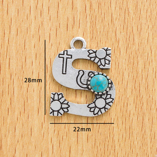 Picture of 10 PCs Zinc Based Alloy Boho Chic Bohemia Charms Antique Silver Color Capital Alphabet/ Letter Message " S " With Resin Cabochons Imitation Turquoise 28mm x 22mm