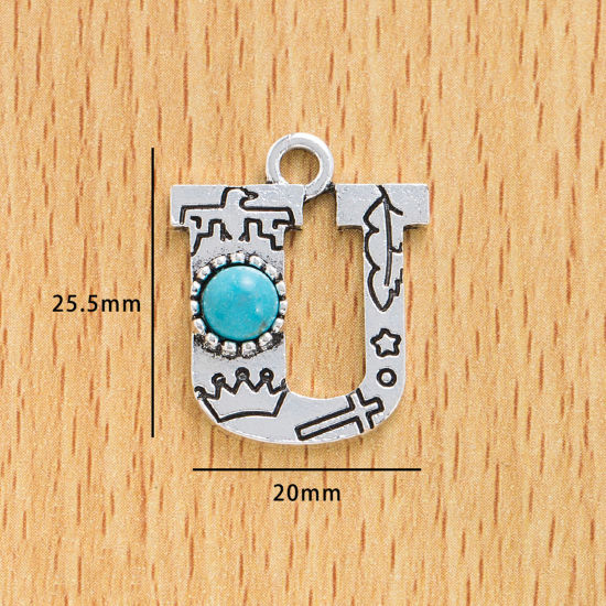 Picture of 10 PCs Zinc Based Alloy Boho Chic Bohemia Charms Antique Silver Color Capital Alphabet/ Letter Message " U " With Resin Cabochons Imitation Turquoise 25.5mm x 20mm