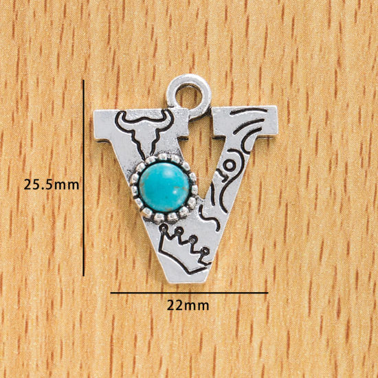 Picture of 10 PCs Zinc Based Alloy Boho Chic Bohemia Charms Antique Silver Color Capital Alphabet/ Letter Message " V " With Resin Cabochons Imitation Turquoise 25.5mm x 22mm