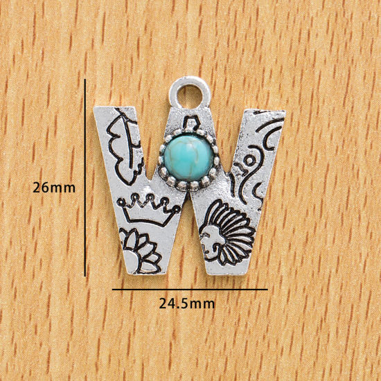 Picture of 10 PCs Zinc Based Alloy Boho Chic Bohemia Charms Antique Silver Color Capital Alphabet/ Letter Message " W " With Resin Cabochons Imitation Turquoise 26mm x 24.5mm