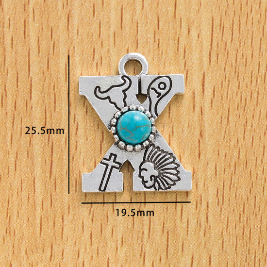 Picture of 10 PCs Zinc Based Alloy Boho Chic Bohemia Charms Antique Silver Color Capital Alphabet/ Letter Message " X " With Resin Cabochons Imitation Turquoise 25.5mm x 19.5mm