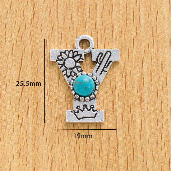 Picture of 10 PCs Zinc Based Alloy Boho Chic Bohemia Charms Antique Silver Color Capital Alphabet/ Letter Message " Y " With Resin Cabochons Imitation Turquoise 25.5mm x 19mm