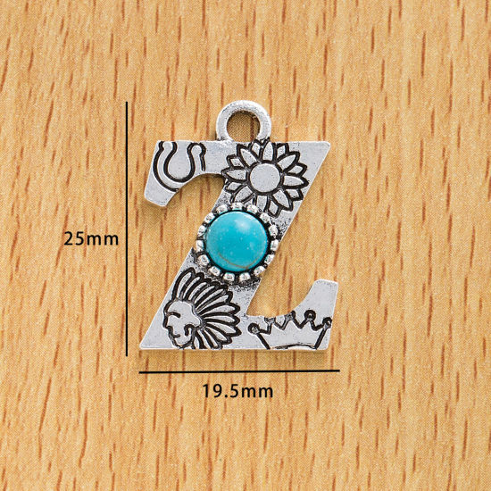 Picture of 10 PCs Zinc Based Alloy Boho Chic Bohemia Charms Antique Silver Color Capital Alphabet/ Letter Message " Z " With Resin Cabochons Imitation Turquoise 25mm x 19.5mm