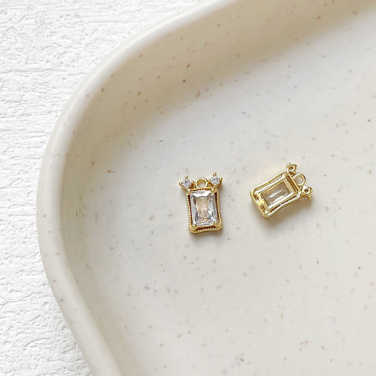 1 Piece Brass Charms 18K Gold Plated Rectangle Clear Cubic Zirconia 9.5mm x 7mm の画像