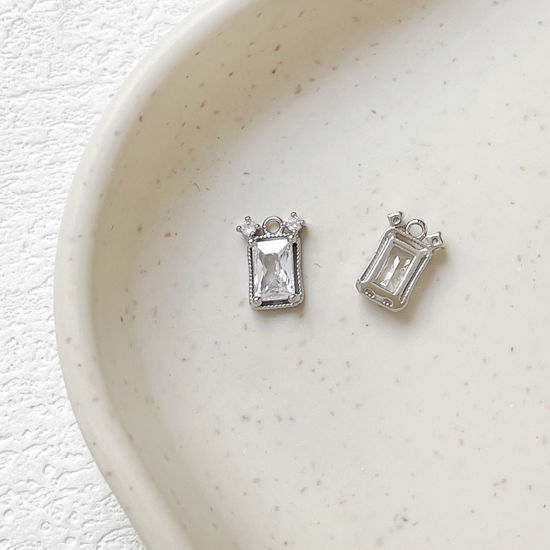 1 Piece Brass Charms Platinum Plated Rectangle Clear Cubic Zirconia 9.5mm x 7mm の画像