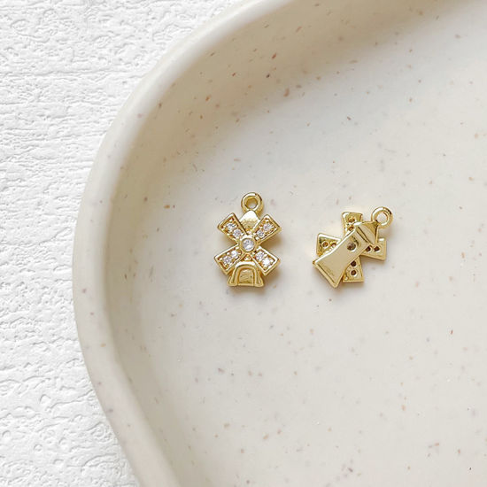 1 Piece Brass Micro Pave Charms 18K Gold Plated Windmill Clear Cubic Zirconia 11mm x 8mm の画像