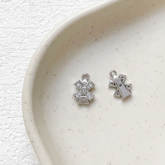 1 Piece Brass Micro Pave Charms Platinum Plated Windmill Clear Cubic Zirconia 11mm x 8mm の画像