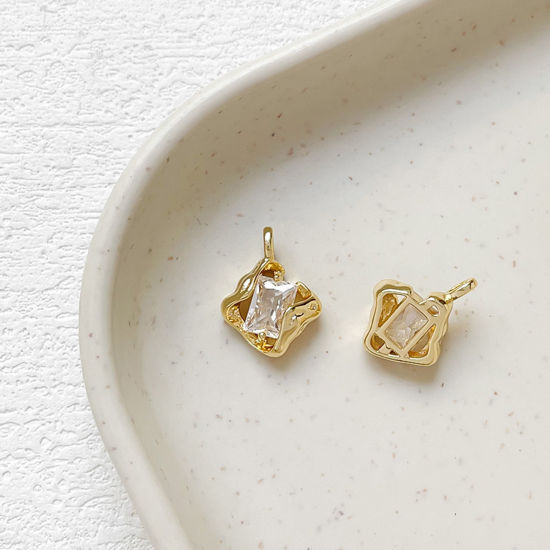1 Piece Brass Charms 18K Gold Plated Rhombus Clear Cubic Zirconia 16mm x 12mm の画像