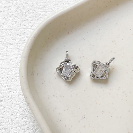 1 Piece Brass Charms Platinum Plated Rhombus Clear Cubic Zirconia 16mm x 12mm の画像