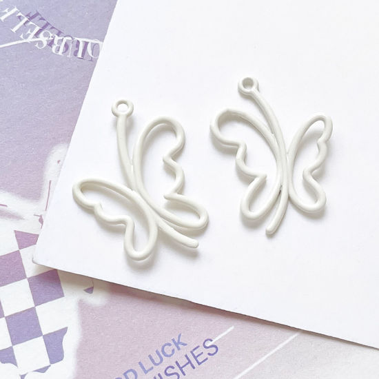 Picture of 10 PCs Zinc Based Alloy Insect Charms White Butterfly Animal Painted 25mm x 19mm