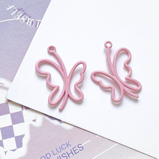 Picture of 10 PCs Zinc Based Alloy Insect Charms Pink Butterfly Animal Painted 25mm x 19mm