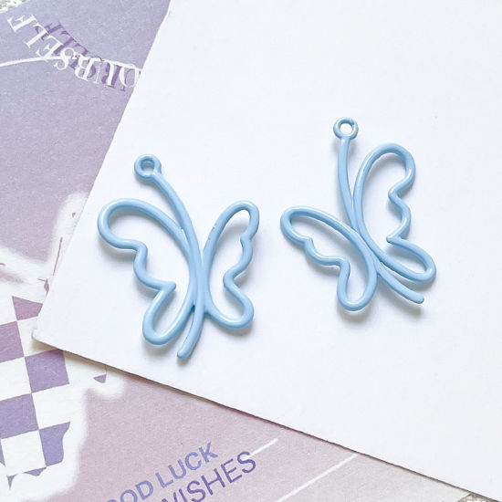 Picture of 10 PCs Zinc Based Alloy Insect Charms Blue Butterfly Animal Painted 25mm x 19mm