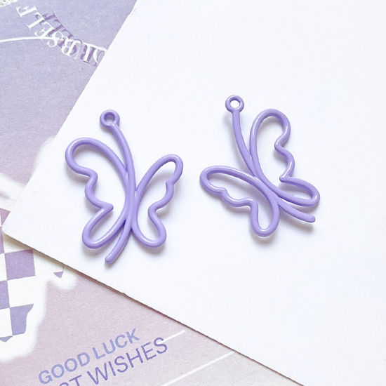 Picture of 10 PCs Zinc Based Alloy Insect Charms Purple Butterfly Animal Painted 25mm x 19mm