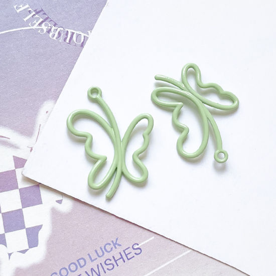 Picture of 10 PCs Zinc Based Alloy Insect Charms Green Butterfly Animal Painted 25mm x 19mm