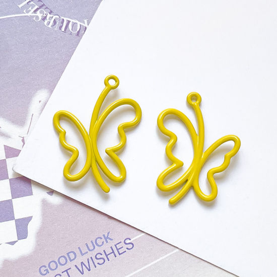 Picture of 10 PCs Zinc Based Alloy Insect Charms Yellow Butterfly Animal Painted 25mm x 19mm