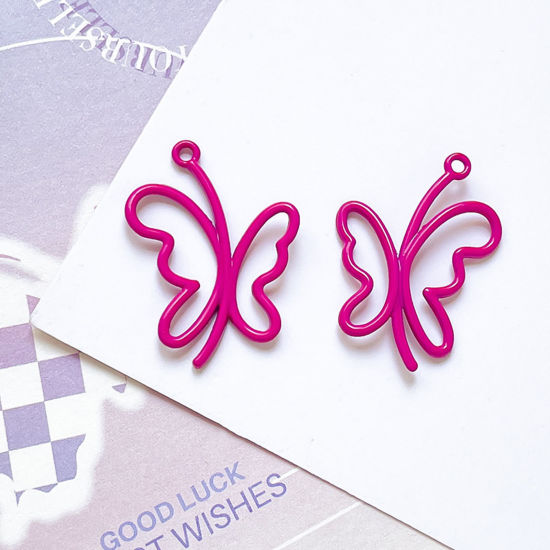 Picture of 10 PCs Zinc Based Alloy Insect Charms Fuchsia Butterfly Animal Painted 25mm x 19mm