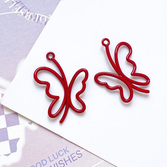 Picture of 10 PCs Zinc Based Alloy Insect Charms Red Butterfly Animal Painted 25mm x 19mm